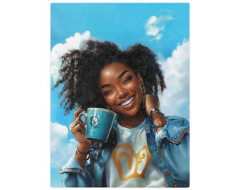 Smiling Black Woman with Mug Blanket | Cozy Cloud Sky Velveteen Microfiber