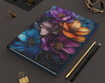 Colorful Flowers in a Stained Glass Inspired Design, Hardcover Matte Journal/Notebook