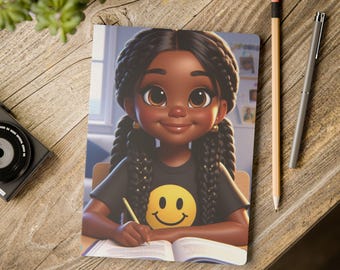 Schwarzes Mädchen Studieren Softcover Notizbuch V1 mit inneren positiven Affirmationen