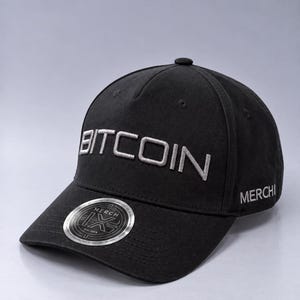 May include: A black baseball cap featuring the word BITCOIN embroidered in silver thread on the front panel. The side of the cap displays the text MERCH, and a circular silver and black sticker is affixed to the brim with the text MERCH X.