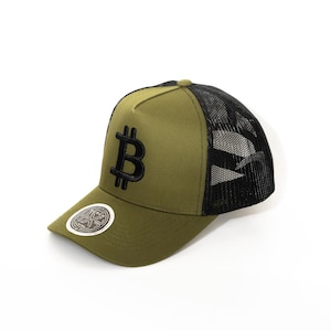 Military Green Bitcoin Trucker Hat – 3D Embroidery, Adjustable Snapback, Crypto Streetwear Cap