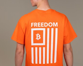 Orange Bitcoin Shirt with Freedom Design in White Coloration