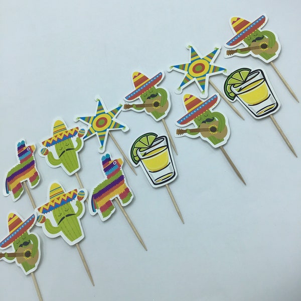 12 Fiesta theme cupcake toppers , fiesta mexicana margarita nopals burros piñatas papel picado cinco de mayo
