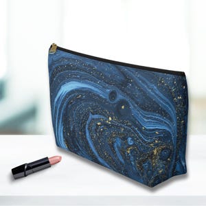 Astuccio per accessori in agata blu, astuccio in marmo blu scuro e oro, astuccio per pennelli da trucco, astuccio per cosmetici, astuccio per matite e articoli artistici, regalo per figlia