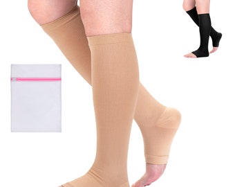 Calcetines de compresión médicos con punta abierta para hombres y mujeres, enfermeras, soporte para venas varicosas, viajes, trabajo, calcetines de vuelo, Edema, Beige, Negro