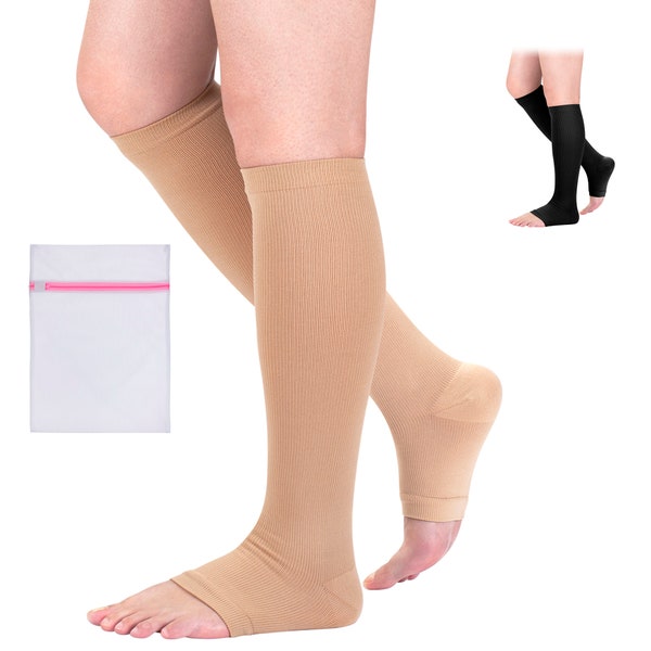 Medical Compression Socks Open Toe Men Women Nurses Support Varicose Veins, Travel, Work, Flight Socks, Edema, Beige, Black