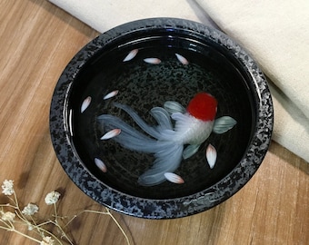3D resin painting、red head black porcelain bowl goldfish、 resin art resin goldfish、birthday gift、Christmas gift、goldfish painting