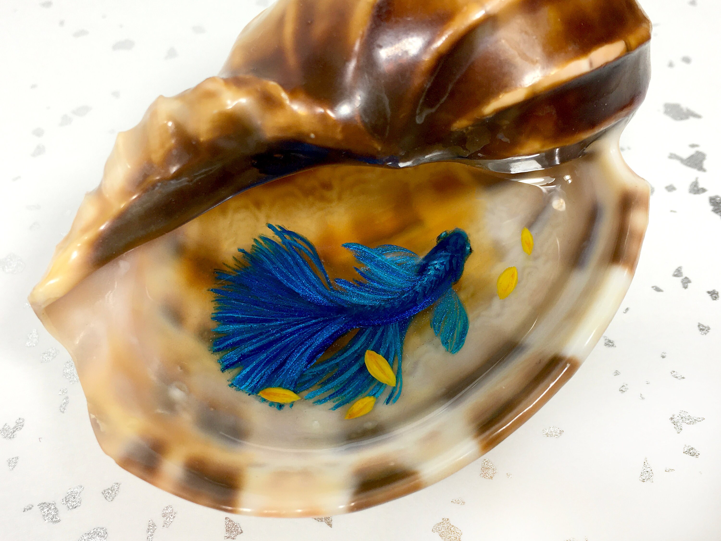 3D resin painting, shiny blue conch betta fish, betta fish resin painting, painting art, resin fish, collectible art, decorative art