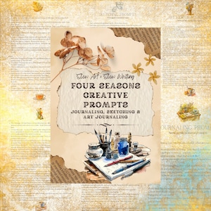 Könnte beinhalten: Ein Buchcover mit einer Aquarell-Illustration von Kunstmaterialien, darunter Pinsel, Farbtöpfe und ein Notizbuch. Der Titel des Buches lautet "Slow Art: Slow Writing Four Seasons Creative Prompts Journaling, Sketching & Art Journaling".