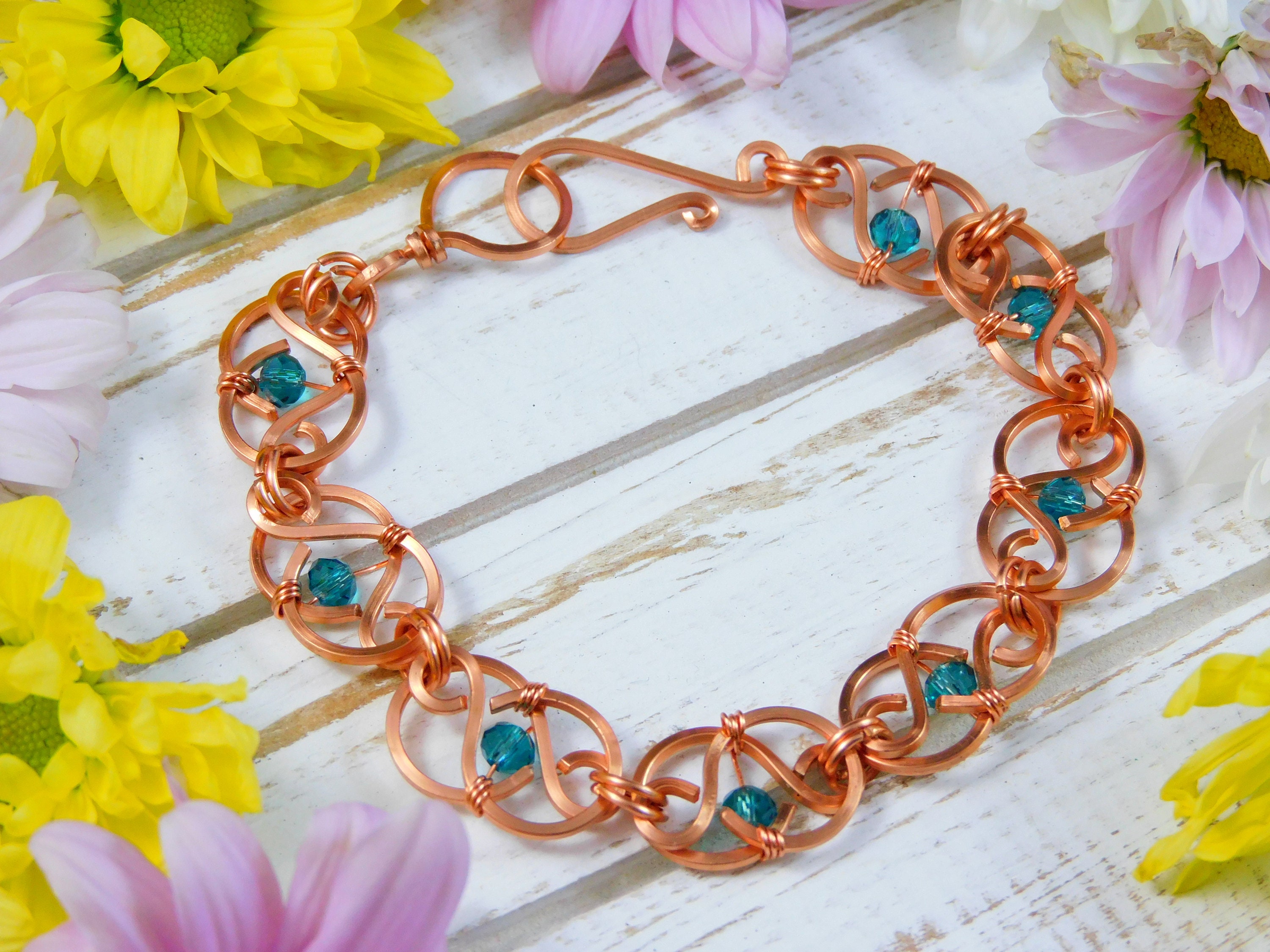 Bright Copper Bracelet Anti Tarnish Copper Wire Blue Beads Etsy