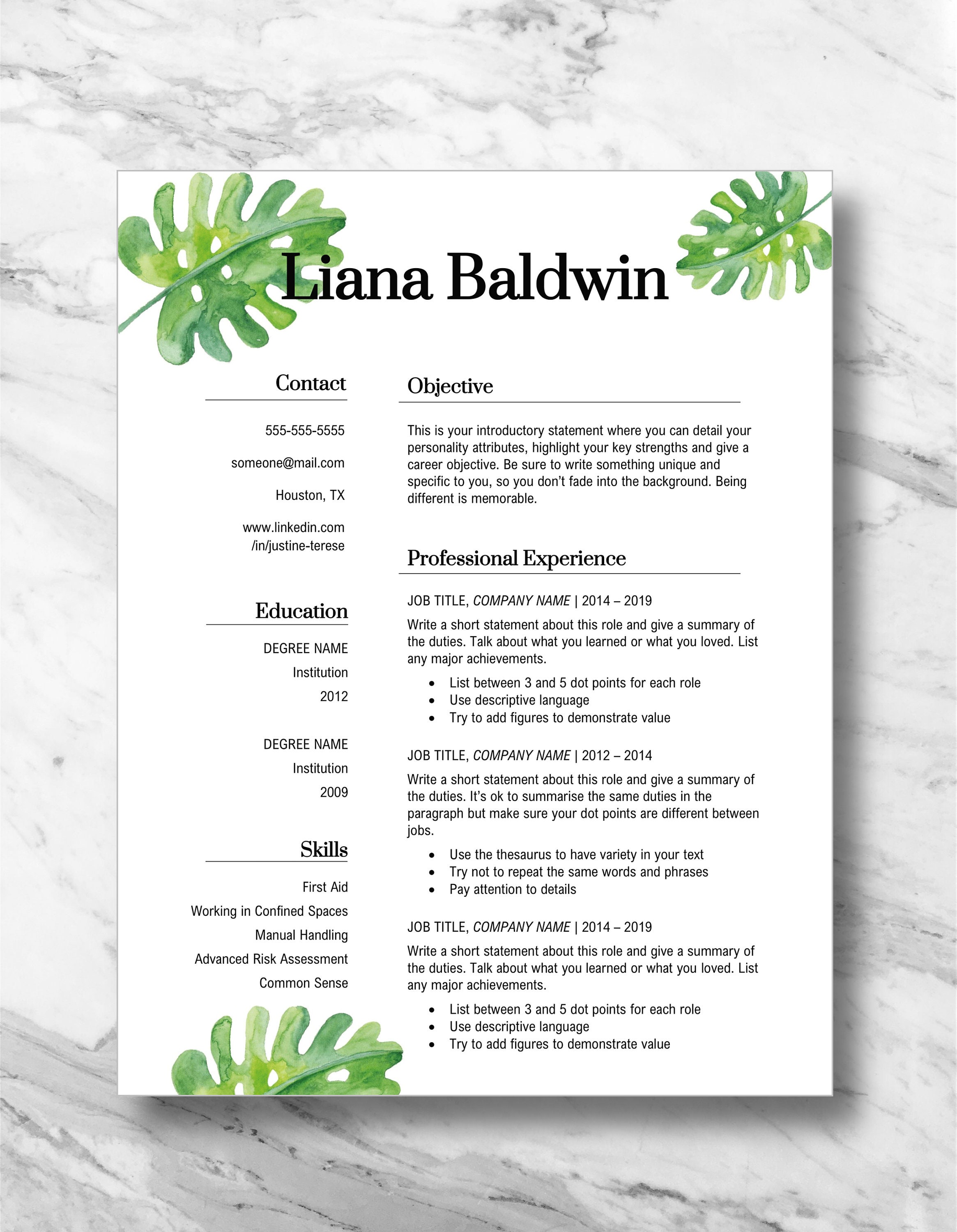 Watercolor Leaves Resume Template - Il Fullxfull.2371103548 N5oa 