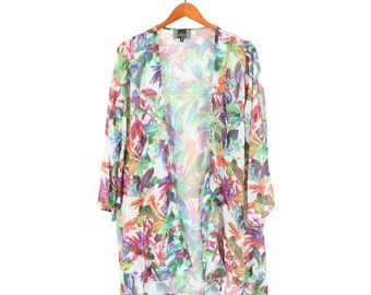 Cardigan kimono blanc transparent fleuri ouvert sur le devant de marque Slinky, haut XL