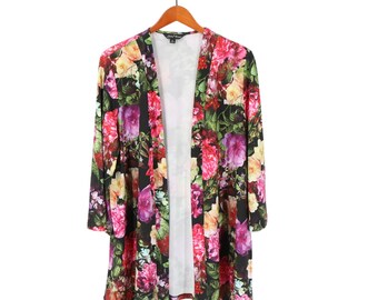 Slinky Brand - Cardigan tunique kimono à manches 3/4 et imprimé floral ouvert sur le devant, XL