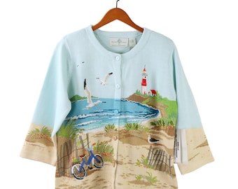 NWT Design Options Beach Summer Landscape Lighthouse Cardigan Sweater M