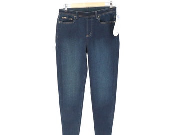 Neu mit Etikett DG2 Diane Gilman Dunkelblaue Super-Stretch-Skinny-Pull-On-Jeans PM Petite M