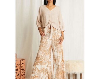 Scandal Italy Micah Printed Wide Leg Palazzo Pants Ivory Caramel One Size