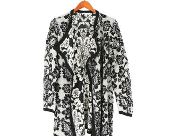 Nuovo Isaac Mizrahi dal vivo! Maglione cardigan lungo jacquard floreale bianco nero 1X