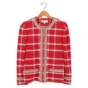 St. John Collection Santana Knit Red Ivory Plaid Zip Font Jacket 8