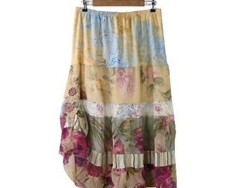 Lee Andersen Floral Mixed Media Gathered Side Patchwork Midi Skirt M