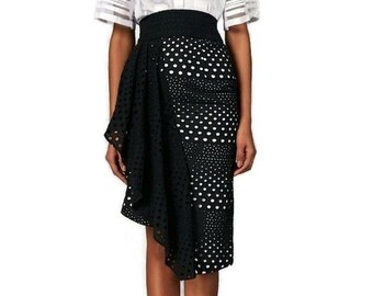 NWT Kimora Lee Simmons Eyelet Black White Asymmetrical Ruffle Hem Skirt 10