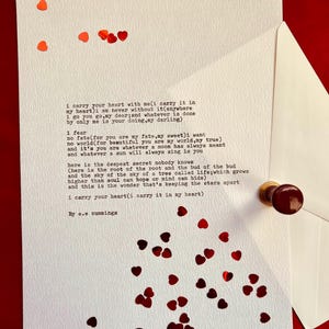 Poema de e.e. cummings escrito a máquina, regalo, recuerdo artesanal para aniversarios, San Valentín, ocasiones especiales, carta personalizada escrita a máquina