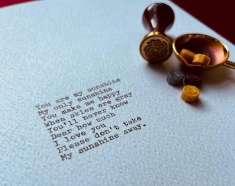 You Are My Sunshine Typewritten Poem A4, Handcrafted Keepsake for Anniversaries, Valentine’s, Custom Typewriter Letter, Special Occasions