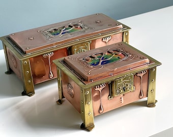 RARE  PAIR - Arts and Crafts Art Nouveau Jugendstil Enamel, Copper and Brass Boxs, C.1900