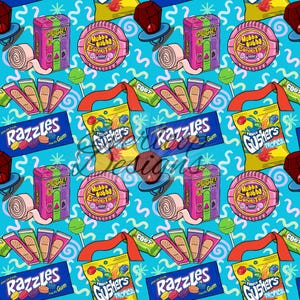 May include: A repeating pattern of colorful candy and treats on a light blue background. The design includes boxes of Ouch! bandages, Hubba Bubba bubble gum, Razzles gum, and Fruit Gusher's tropical fruit snacks.