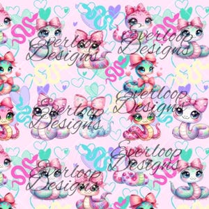 May include: A repeating pattern featuring cartoon snakes with large eyes and bows. The snakes are in various colours, including pink, blue, and purple, and are set against a light pink background with hearts and swirls. The text "Everloop Designs" is overlaid on the image.