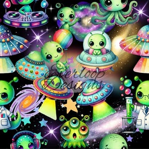 May include: A whimsical pattern featuring cartoon aliens, UFOs, and space-themed elements. The design includes green aliens with large eyes, colorful UFOs, galaxies, stars, and the text "Everloop Designs". The overall color palette is vibrant, with shades of green, blue, purple, and yellow.