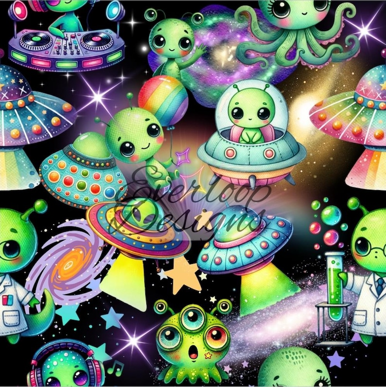 May include: A whimsical pattern featuring cartoon aliens, UFOs, and space-themed elements. The design includes green aliens with large eyes, colorful UFOs, galaxies, stars, and the text "Everloop Designs". The overall color palette is vibrant, with shades of green, blue, purple, and yellow.