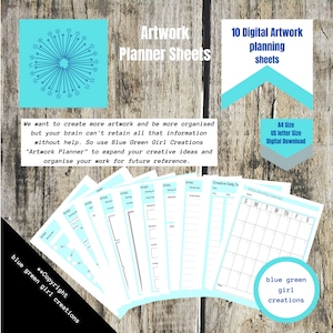 May include: Ten digital printable planner sheets for artwork, with a blue and green colour scheme. The sheets include a monthly calendar, daily to-do list, and other planning pages. The text "Blue Green Girl Creations" is included on the page.
