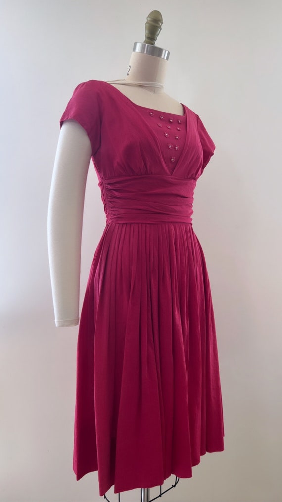 1950’s raspberry rhinestone cotton dress - image 3