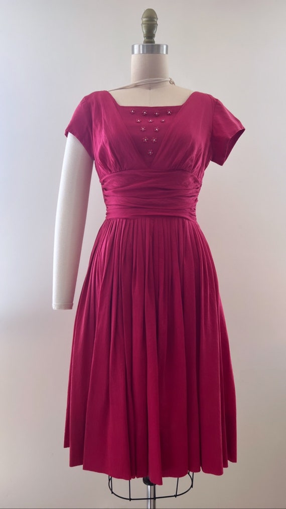 1950’s raspberry rhinestone cotton dress - image 2