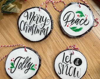 Handmade Vinyl Christmas ornaments on wood slices with epoxy finish, Jolly, Merry Christmas , Peace , Let it snow