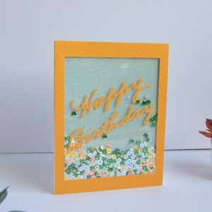 Carte de shaker d’anniversaire faite main, carton shaker de joyeux anniversaire, carton jaune de shaker