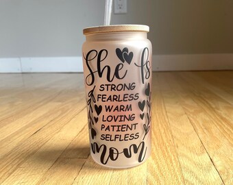 16 oz She is ,strong, brave best mom tumbler with bamboo lid and plastic straw. Mother's Day gift