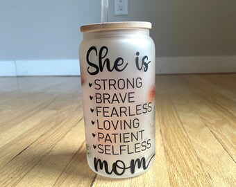 16 oz She is ,strong, brave best mom tumbler with bamboo lid and plastic straw. Mother's Day gift