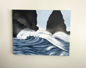 Original seascape oil painting on 20x16 canvas, Wave sea oil art,