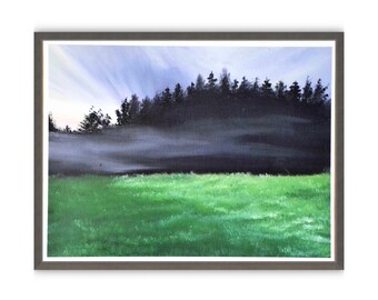 Fine art print or a photo print of an original oil  Misty morning forest  /field painting, print of an original artwork.