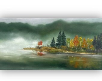 Original moody , foggy tree line water Oil painting on 24x 12 inch canvas .