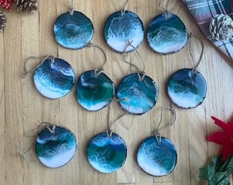 Handmade ocean Christmas ornaments, Resin ornaments on wood slice. Wave, ocean art