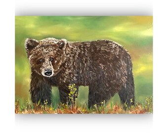 Original oil grizzly bear painting on 20x16 gallery canvas , wildlife art, animal home decor