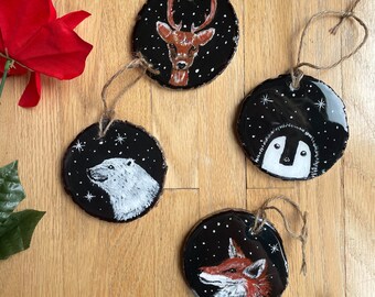 Handmade animal Christmas ornaments , with resin coat. Polar bear, fox, penguin, deer ornament