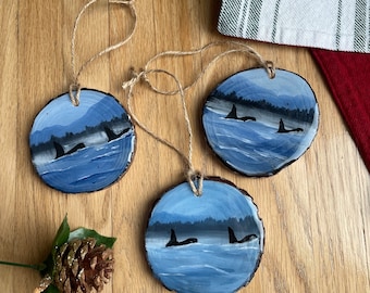 Handmade ornaments, hand painted wood slices with resin finish , orca, killer whale, landscape