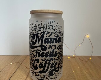 16 oz Mama needs coffee tumbler with bamboo lid and plastic straw. Mother's Day gift