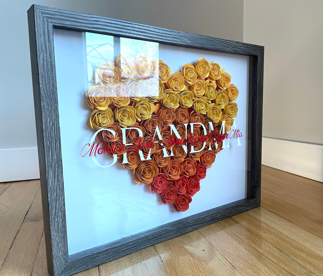 Handmade Grandma Shadow Box, Handmade Paper Flower Heart Shaped Shadow