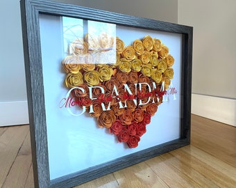 Handmade Grandma shadow box, Handmade paper flower heart shaped shadow box, Grandma gift. Personalized and Custom with grandchildren names