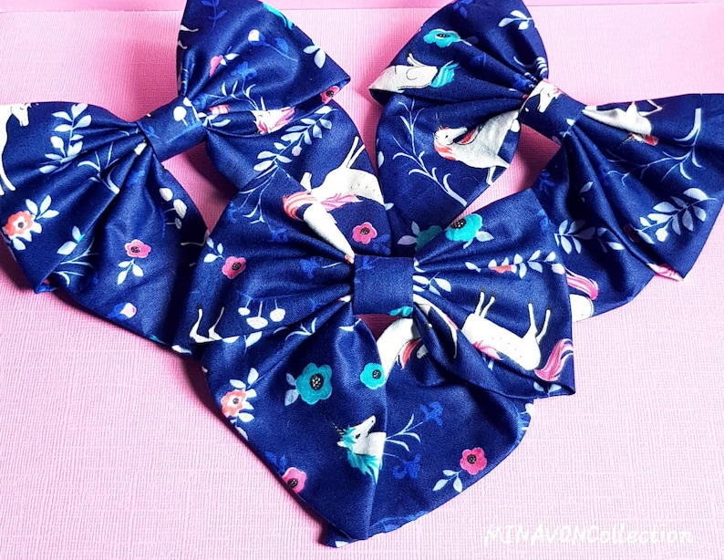 Barrettes Hair Bow Unicorn Hair Bow on Barrette clips Hair Clip Navy unicorn sailor bow White unicorn sailor bow