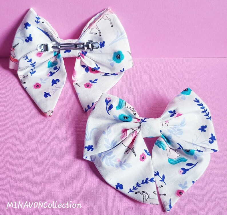 Barrettes Hair Bow Unicorn Hair Bow on Barrette clips Hair Clip Navy unicorn sailor bow White unicorn sailor bow
